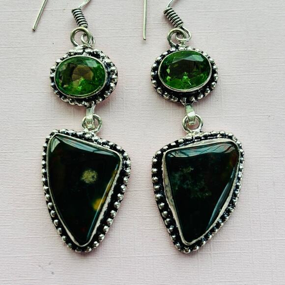 925 Sterling Bloodstone & Peridot  Dangle Earrings - Picture 1 of 6
